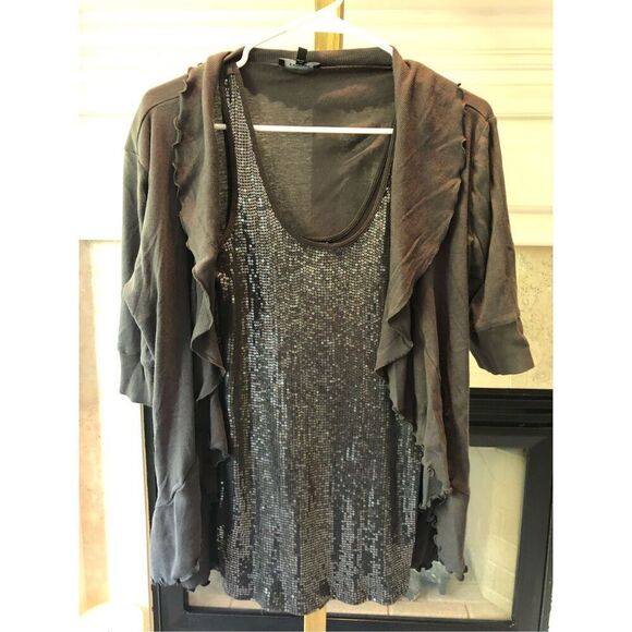 Express Sexy Basic Women’s Gray 2 Piece Sequin Twin set Tank With 1/4 Sleeve Sha - Picture 1 of 10